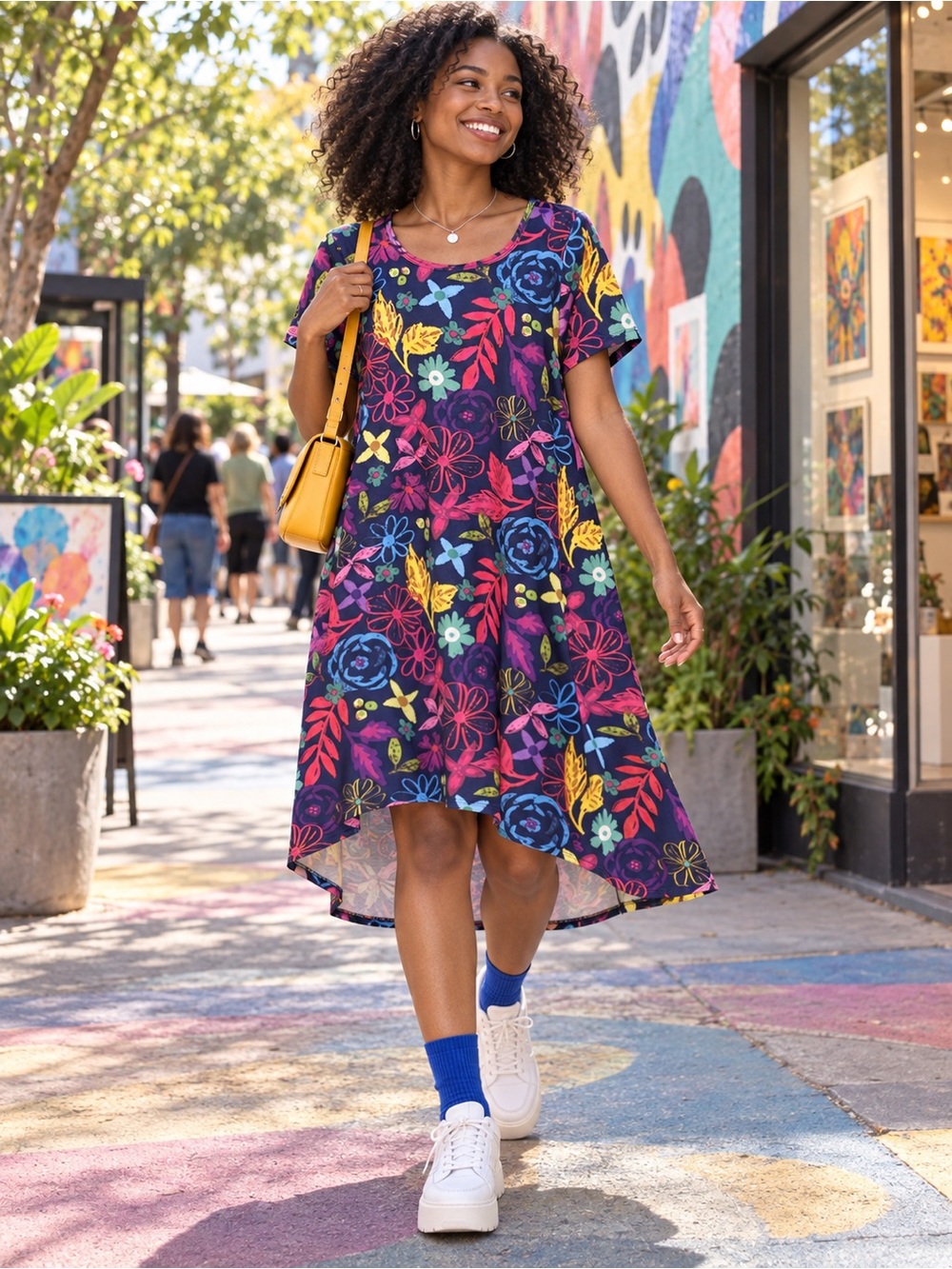Navy Floral Hi-Low Casual Dress with Multicolor Print